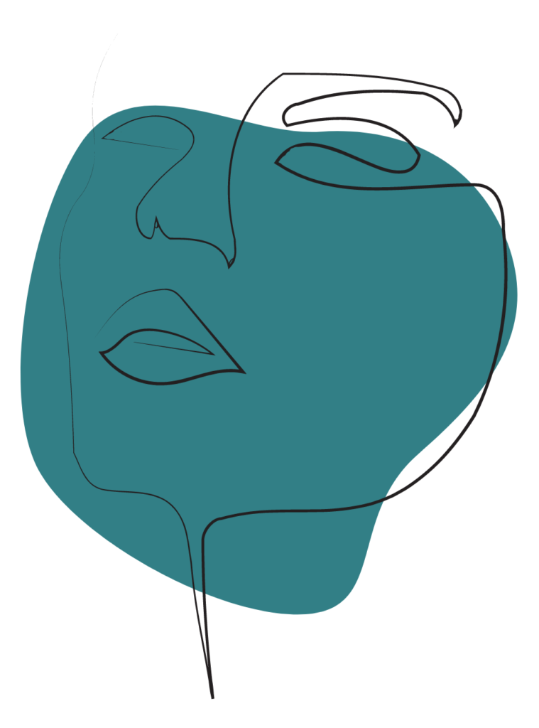 esquisse ligne noire d'un visage sur fond en forme à contours doux couleur bleu -vert